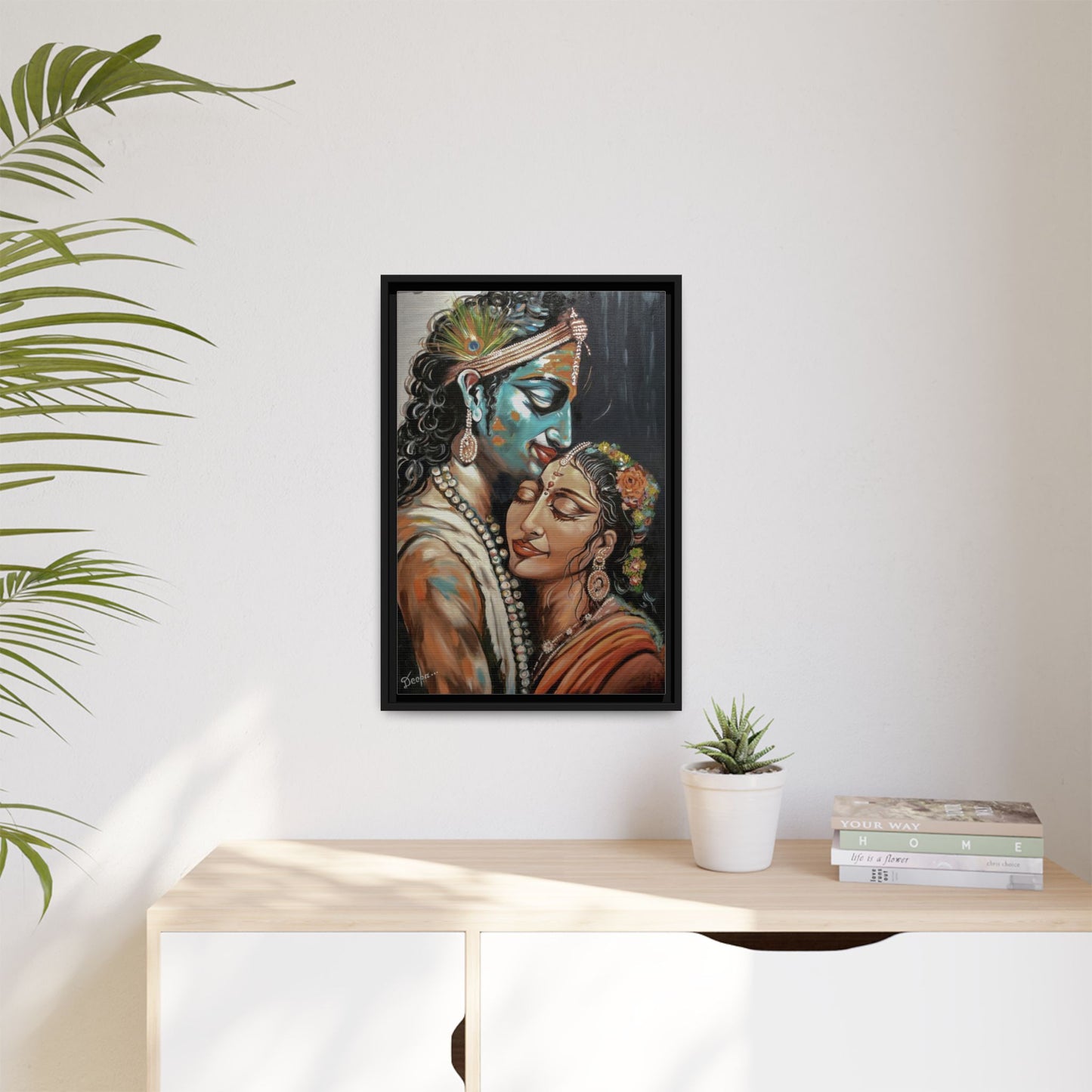 Radha Krishna Wall Art Print – Romantic Hindu Devotional Canvas – Krishna Peacock Feather Painting – Spiritual Home Decor