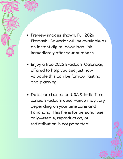 2026 Ekadashi Calendar Hindu Fasting Dates Digital Download PDF