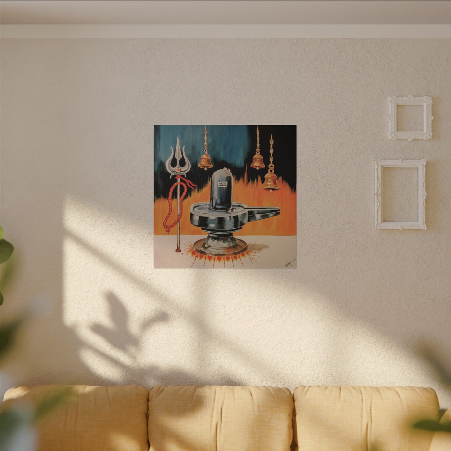 Shiva Lingam Canvas Art – Hindu Temple Trident & Bells Wall Decor