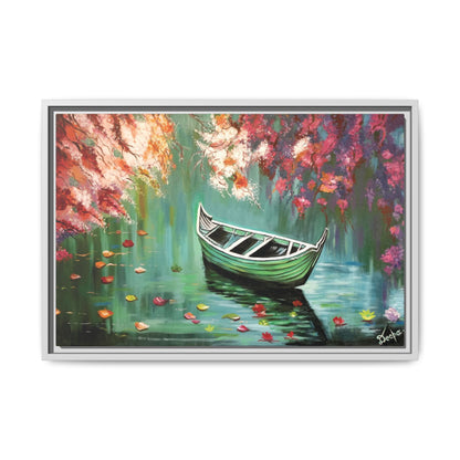 Boat Painting Canvas Print — Framed Matte Wall Art, Serene Lake with Floral Reflections | Original Artwork Printed and Framed Ready to use