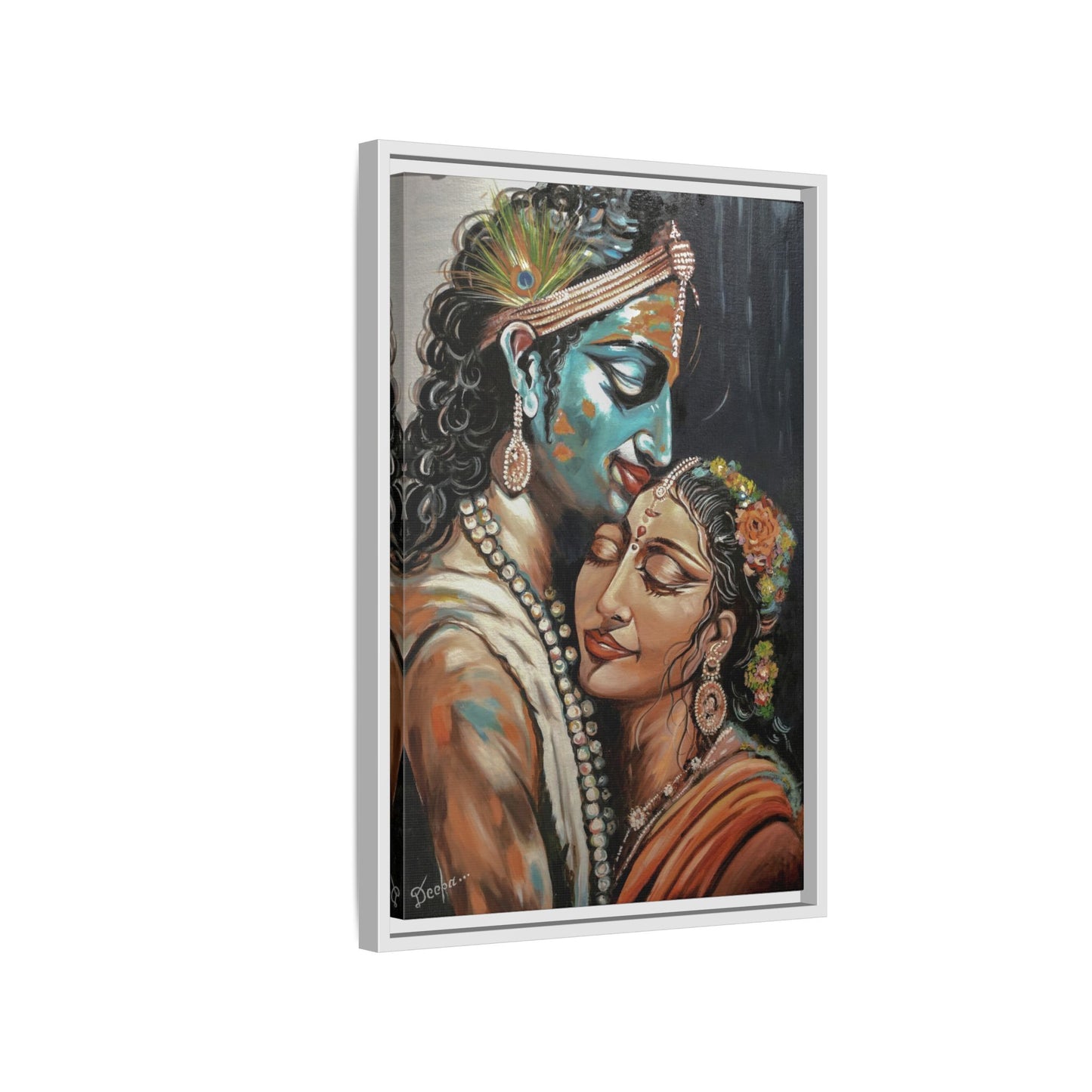 Radha Krishna Wall Art Print – Romantic Hindu Devotional Canvas – Krishna Peacock Feather Painting – Spiritual Home Decor