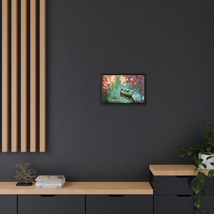 Boat Painting Canvas Print — Framed Matte Wall Art, Serene Lake with Floral Reflections | Original Artwork Printed and Framed Ready to use