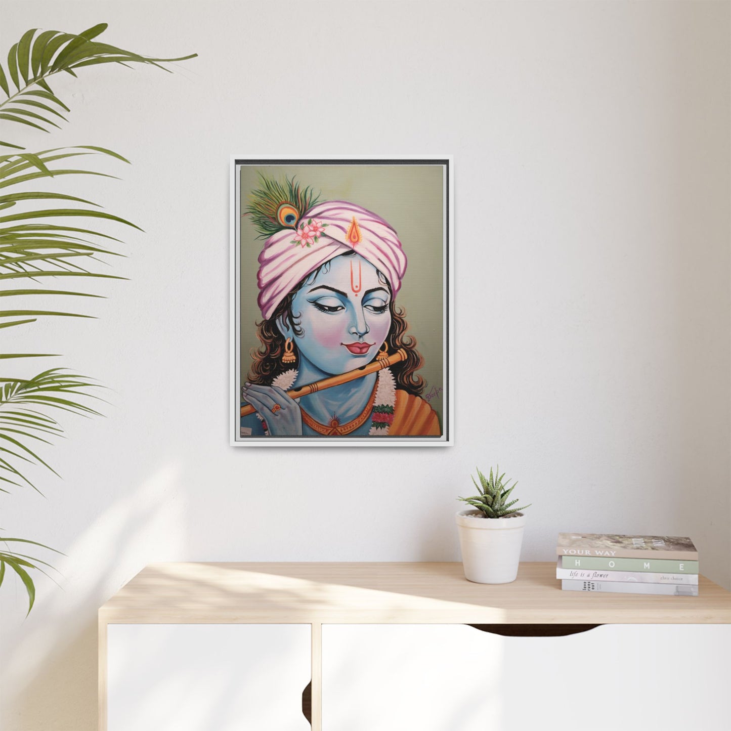 Framed Oli Painting Print of Serene Krishna Playing Flute | Original Artwork Printed | Ready-to-Use