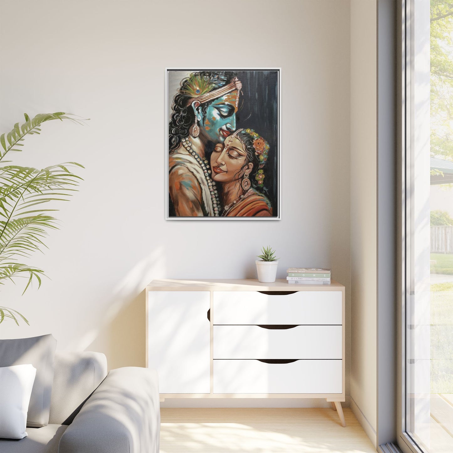 Radha Krishna Wall Art Print – Romantic Hindu Devotional Canvas – Krishna Peacock Feather Painting – Spiritual Home Decor