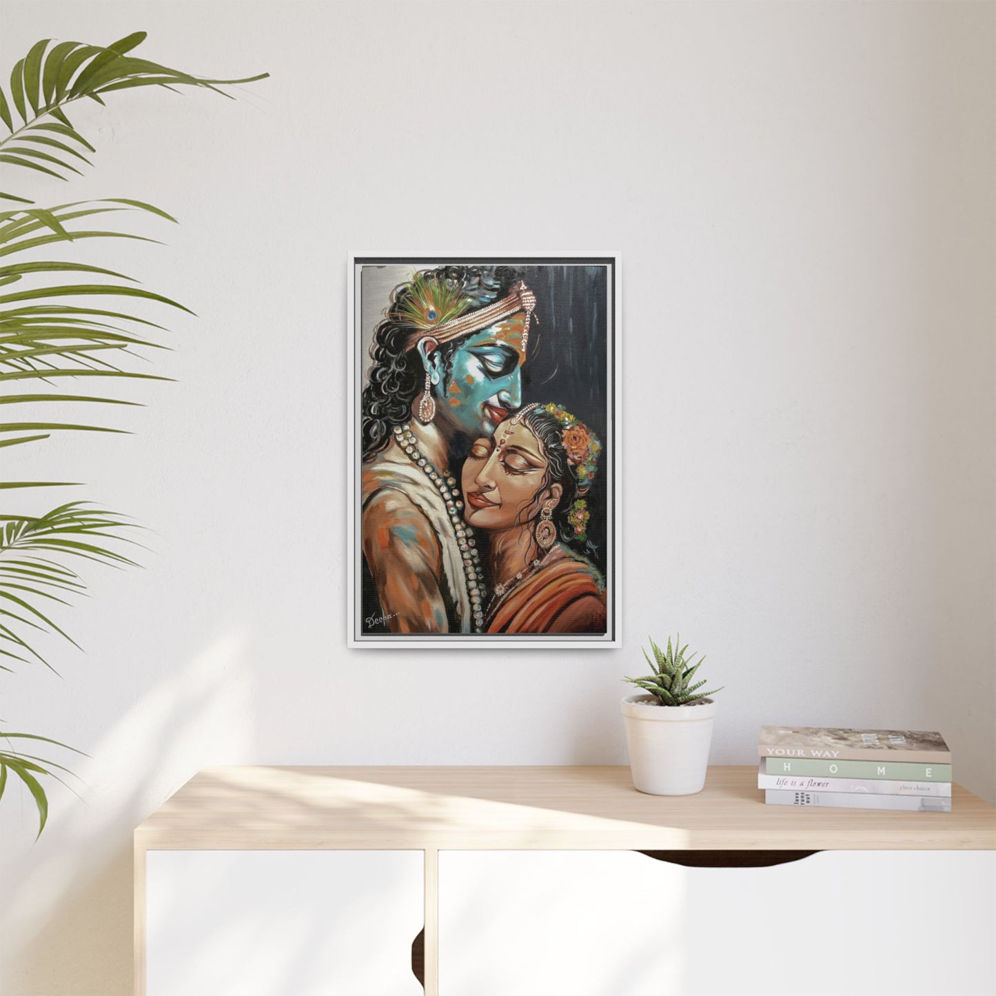 Radha Krishna Wall Art Print – Romantic Hindu Devotional Canvas – Krishna Peacock Feather Painting – Spiritual Home Decor