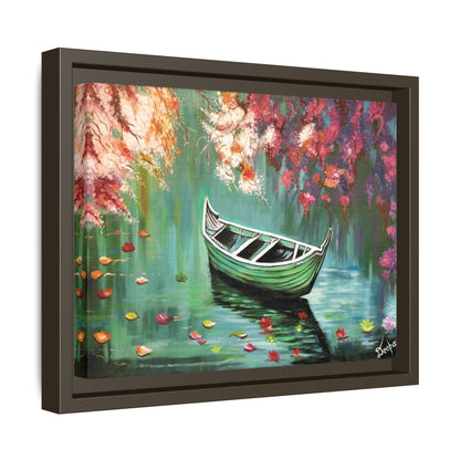 Boat Painting Canvas Print — Framed Matte Wall Art, Serene Lake with Floral Reflections | Original Artwork Printed and Framed Ready to use