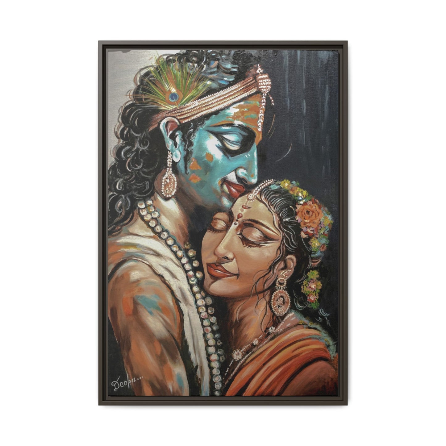 Radha Krishna Wall Art Print – Romantic Hindu Devotional Canvas – Krishna Peacock Feather Painting – Spiritual Home Decor