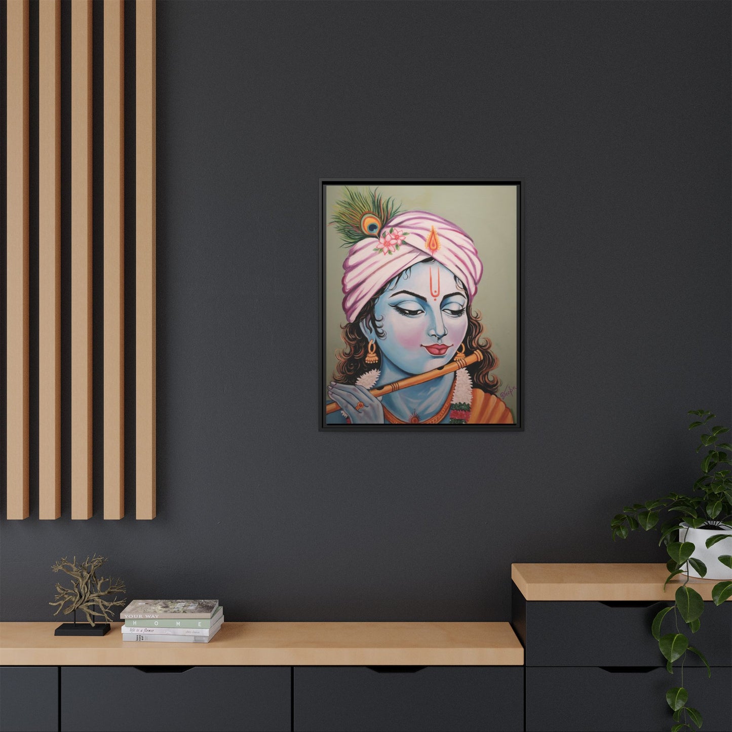 Framed Oli Painting Print of Serene Krishna Playing Flute | Original Artwork Printed | Ready-to-Use