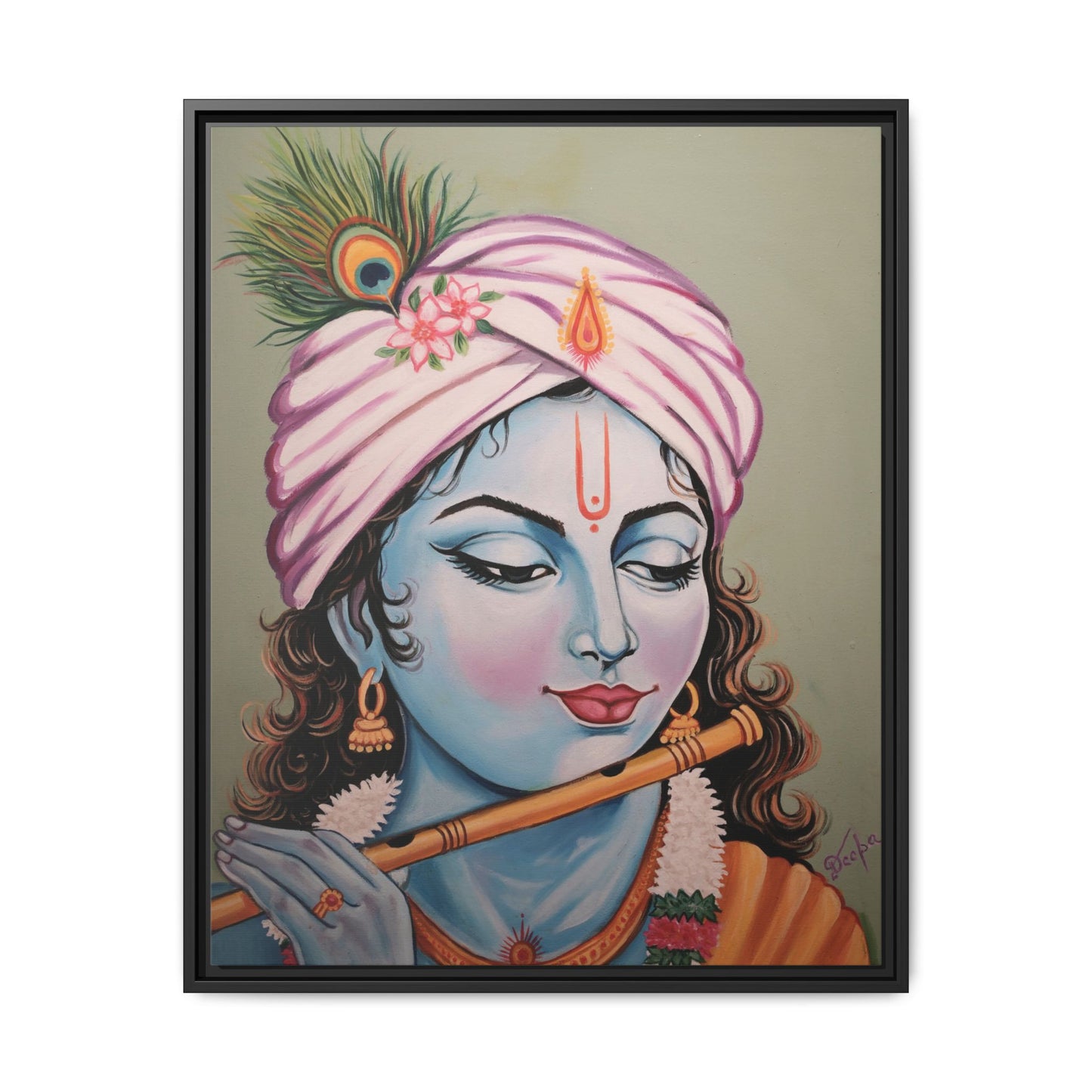 Framed Oli Painting Print of Serene Krishna Playing Flute | Original Artwork Printed | Ready-to-Use