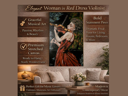 Violinist Wall Art Painting Print – Woman in Red Dress Playing Violin, Romantic Music Artwork, Expressive Canvas Decor