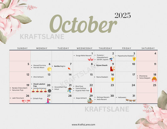 2026 Hindu Calendar Printable Planner Indian Festivals and Major USA Holidays Digital PDF Download