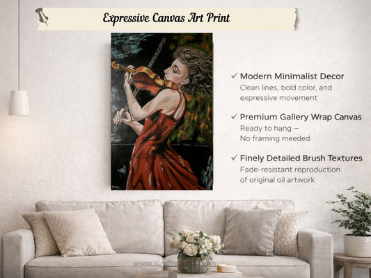 Violinist Wall Art Painting Print – Woman in Red Dress Playing Violin, Romantic Music Artwork, Expressive Canvas Decor