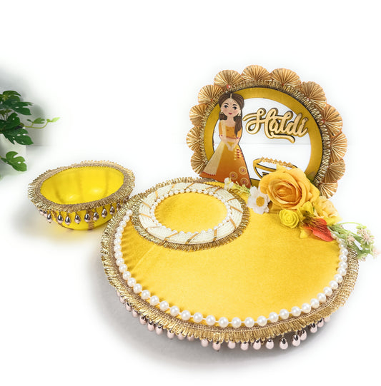 Haldi Wedding Ceremony Tray Set – Yellow Foldable Handcrafted Wedding Ritual Platter