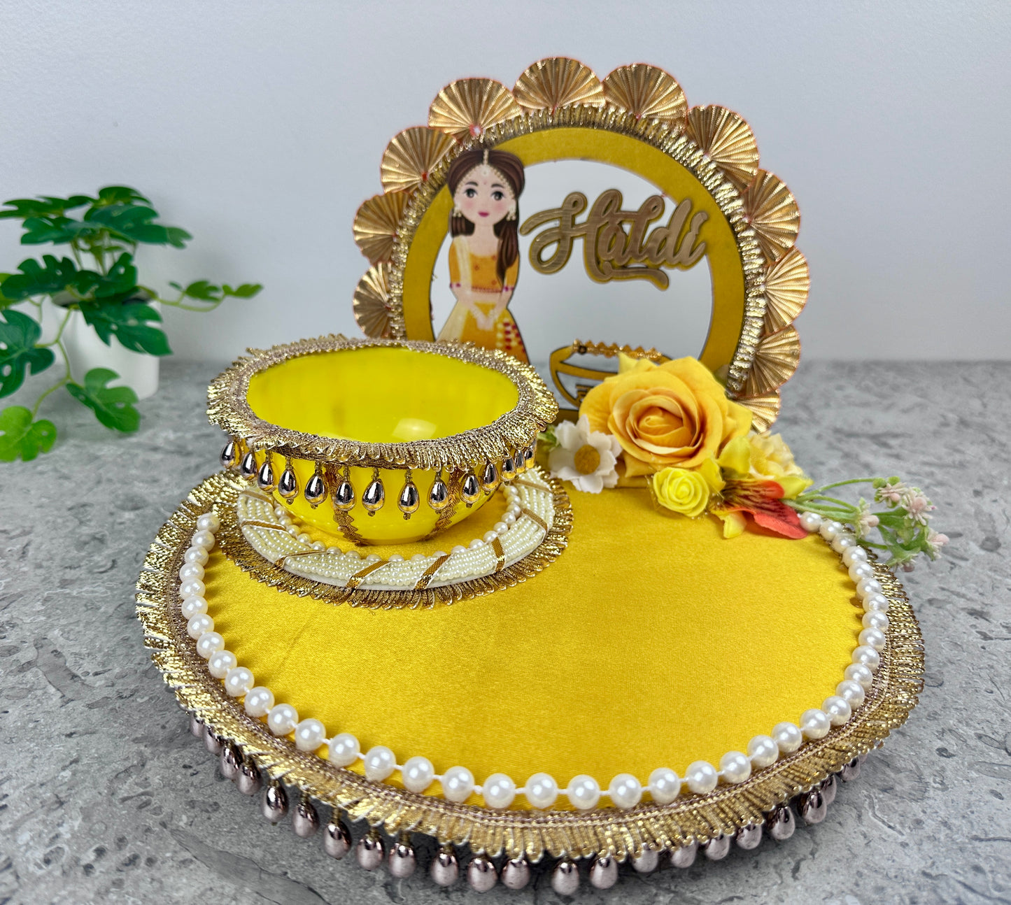 Haldi Wedding Ceremony Tray Set – Yellow Foldable Handcrafted Wedding Ritual Platter
