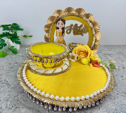 Haldi Wedding Ceremony Tray Set – Yellow Foldable Handcrafted Wedding Ritual Platter