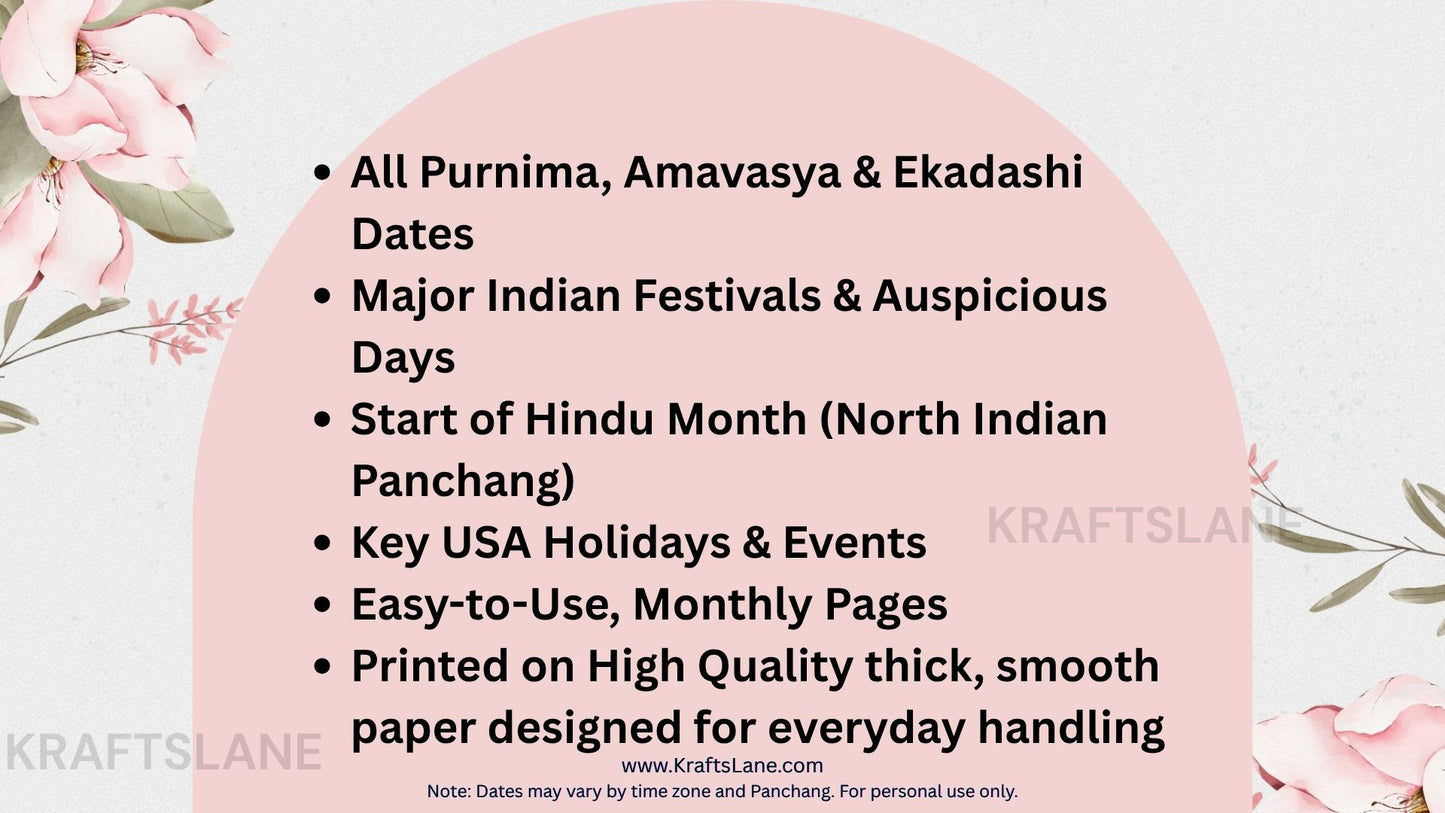 2026 Hindu Calendar Printed Planner Indian Festivals and Major USA Holidays
