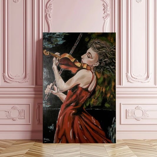 Violinist Wall Art Painting Print – Woman in Red Dress Playing Violin, Romantic Music Artwork, Expressive Canvas Decor