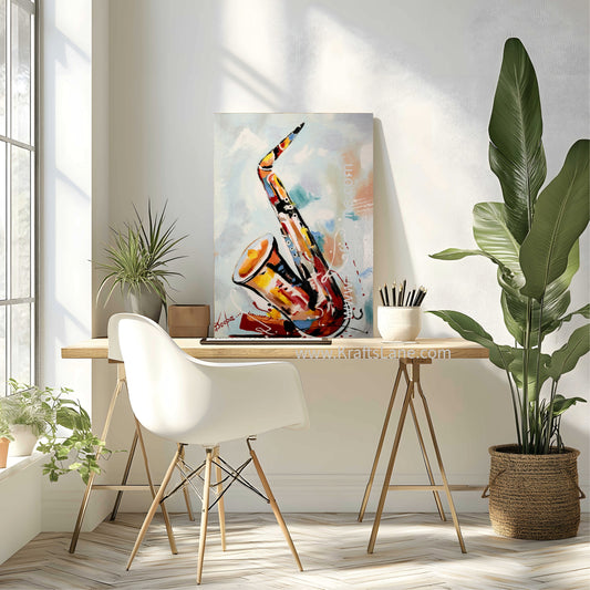 Modern abstract saxophone painting on the wall.