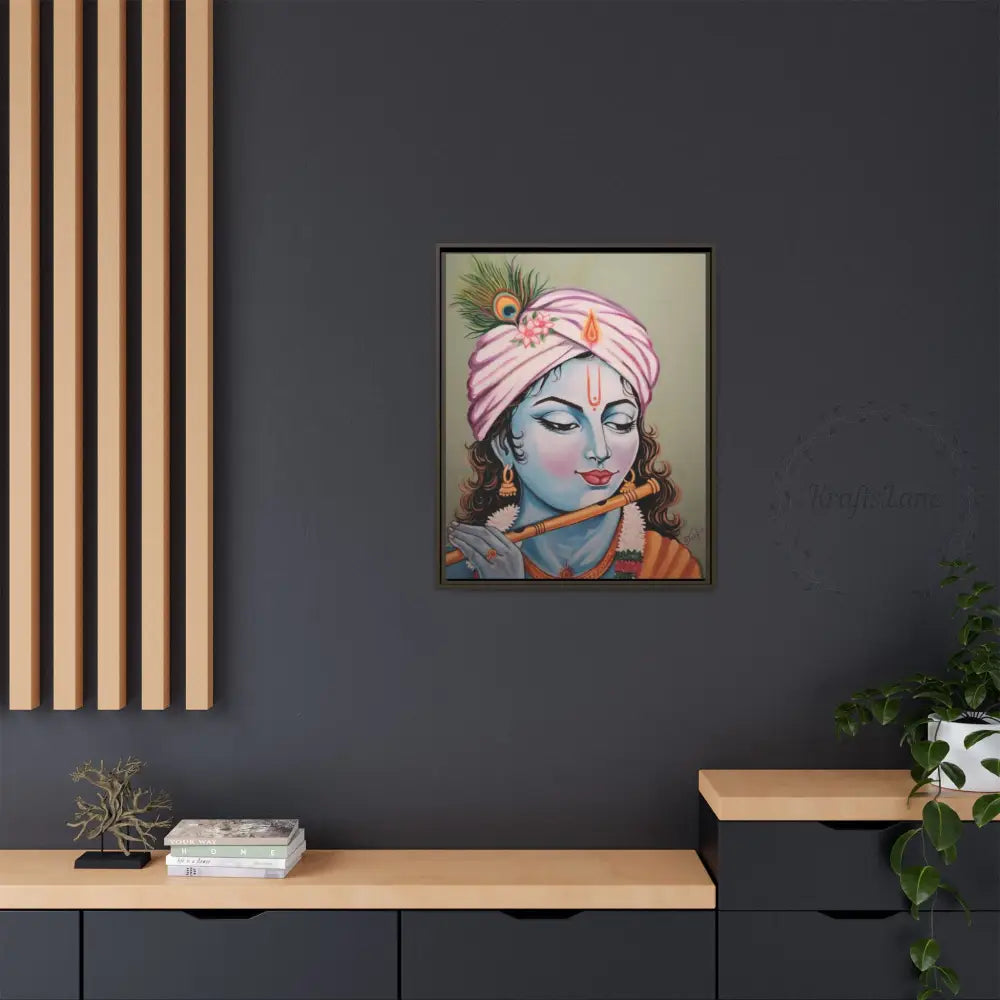 Framed Oli Painting Print of Serene Krishna Playing Flute | Original Artwork Printed | Ready-to-Use 16″ x 20″