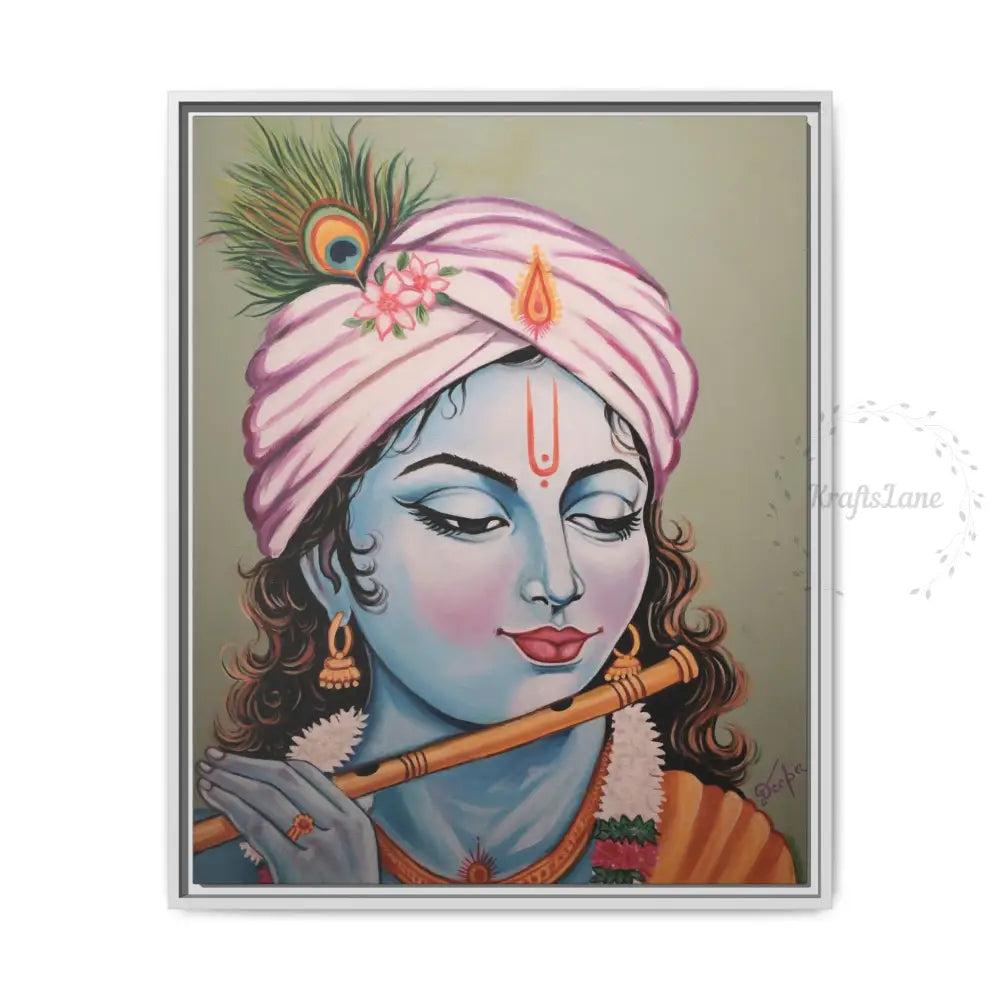 Framed Oli Painting Print of Serene Krishna Playing Flute | Original Artwork Printed | Ready-to-Use 16″ x 20″