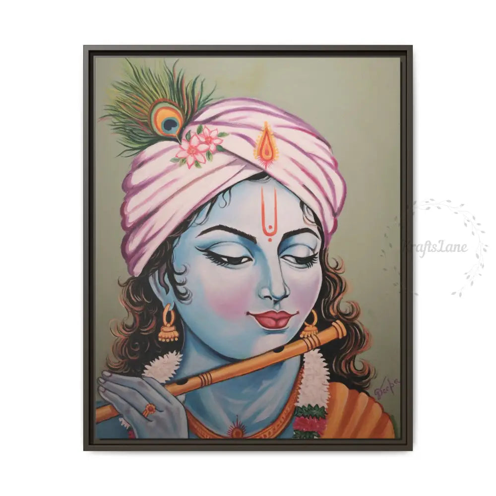 Framed Oli Painting Print of Serene Krishna Playing Flute | Original Artwork Printed | Ready-to-Use Canvas