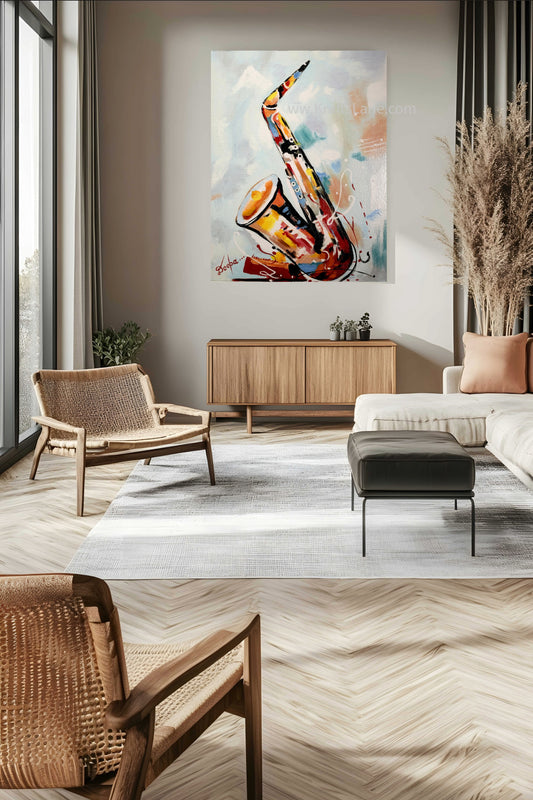 Modern living room with a colorful abstract painting of a saxophone on the wall.